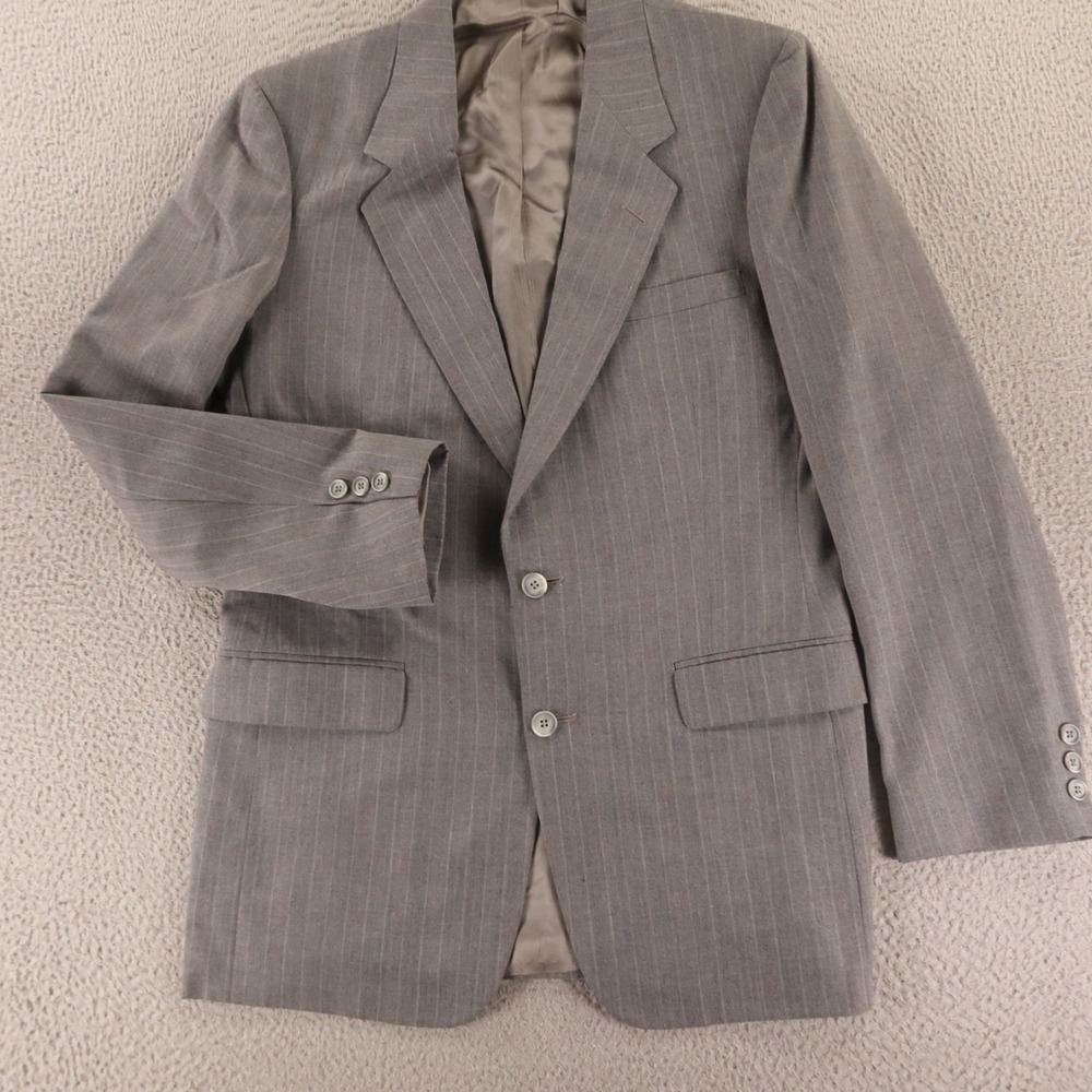 VTG Chalk Stripe Jacket S ST 38L‎ Gray 100% Wool Hopsack USA Made Blazer